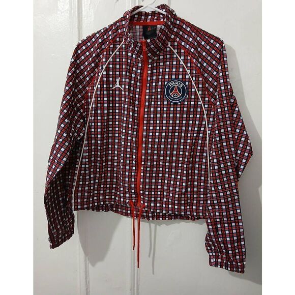 Womens large Jordan paris saint Germain raglan red plaid lightweight jacket - Picture 1 of 6